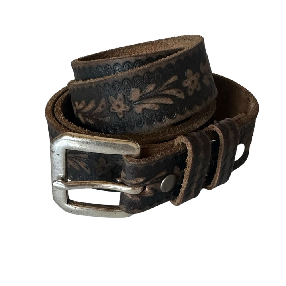 Lucky Brand Brown Tooled Leather Floral Belt with Silver Buckle